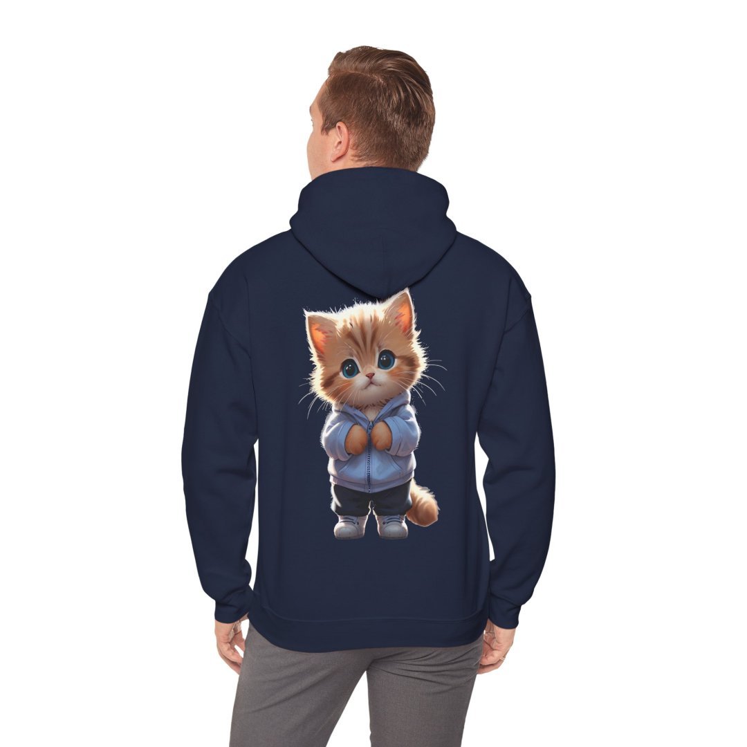 14832762997271019581_2048.jpeg Man wearing a navy hoodie with a cute kitten design on the back.