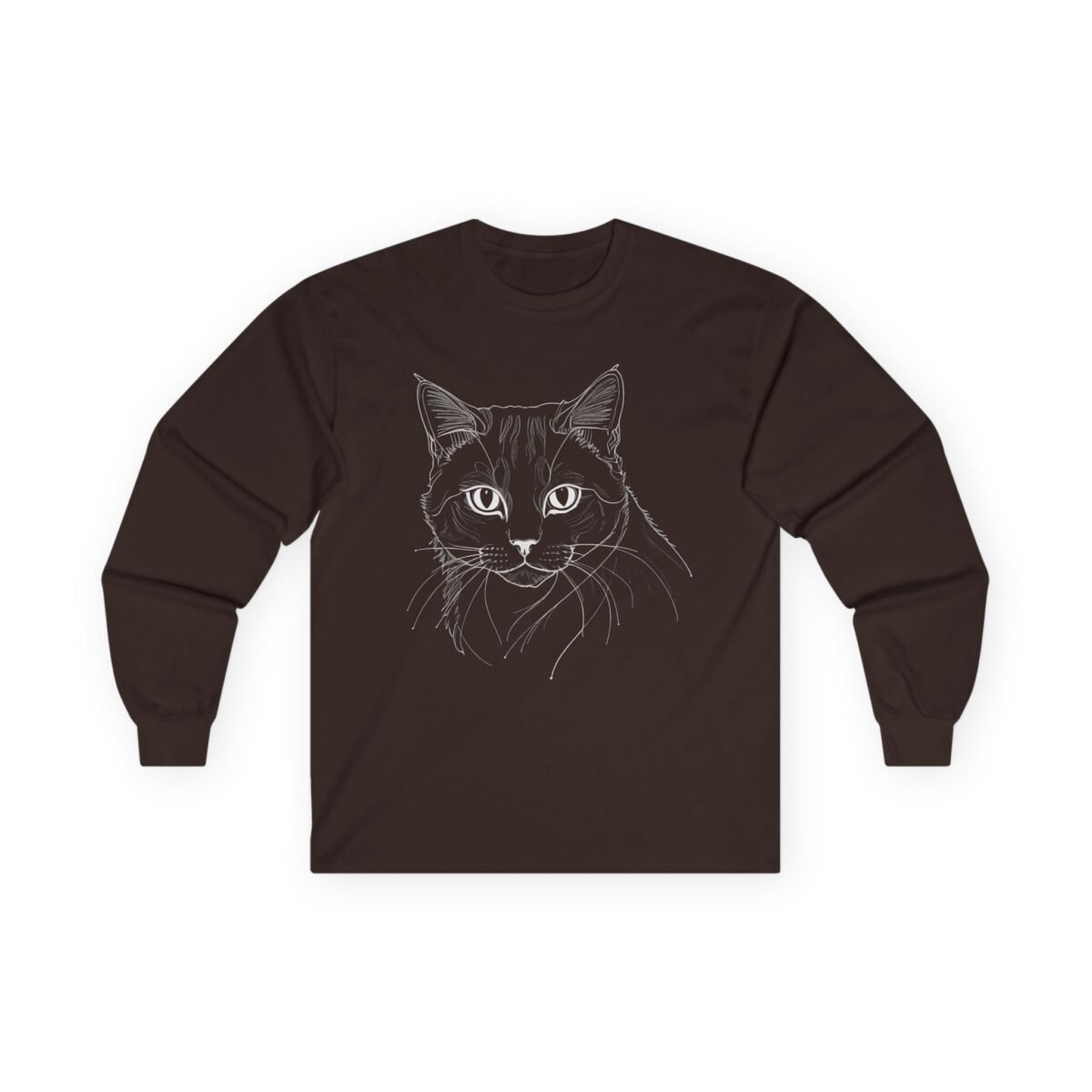 1483902610122026050_2048.jpeg Dark brown long-sleeve shirt with a white line art drawing of a cat's head.