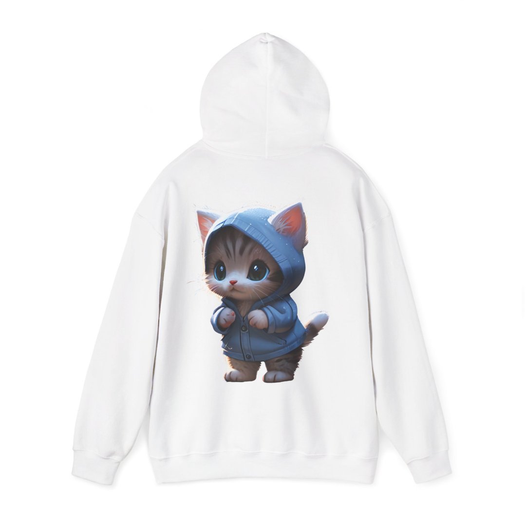 14881522705784690053_2048.jpeg White hoodie with a cute kitten in a blue hoodie printed on the back.