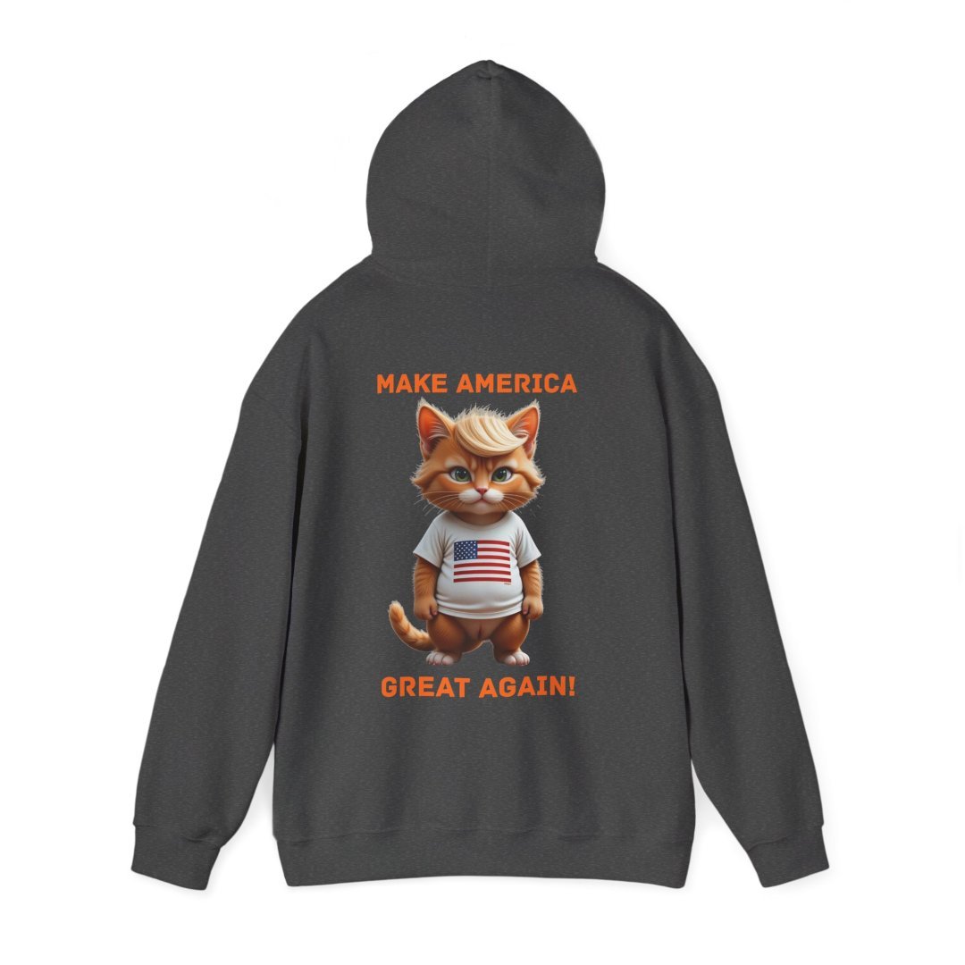14887200136361471181_2048.jpeg Hoodie with a cartoon cat wearing a USA shirt and text 'Make America Great Again'.