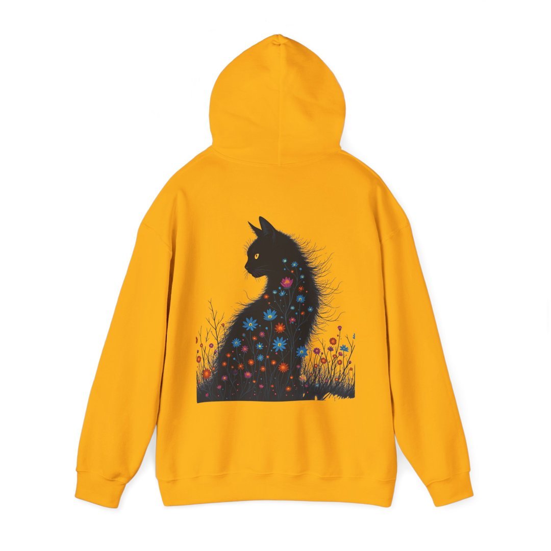 1489609129173523082_2048.jpeg Yellow hoodie with a black cat silhouette and colorful flowers on the back.