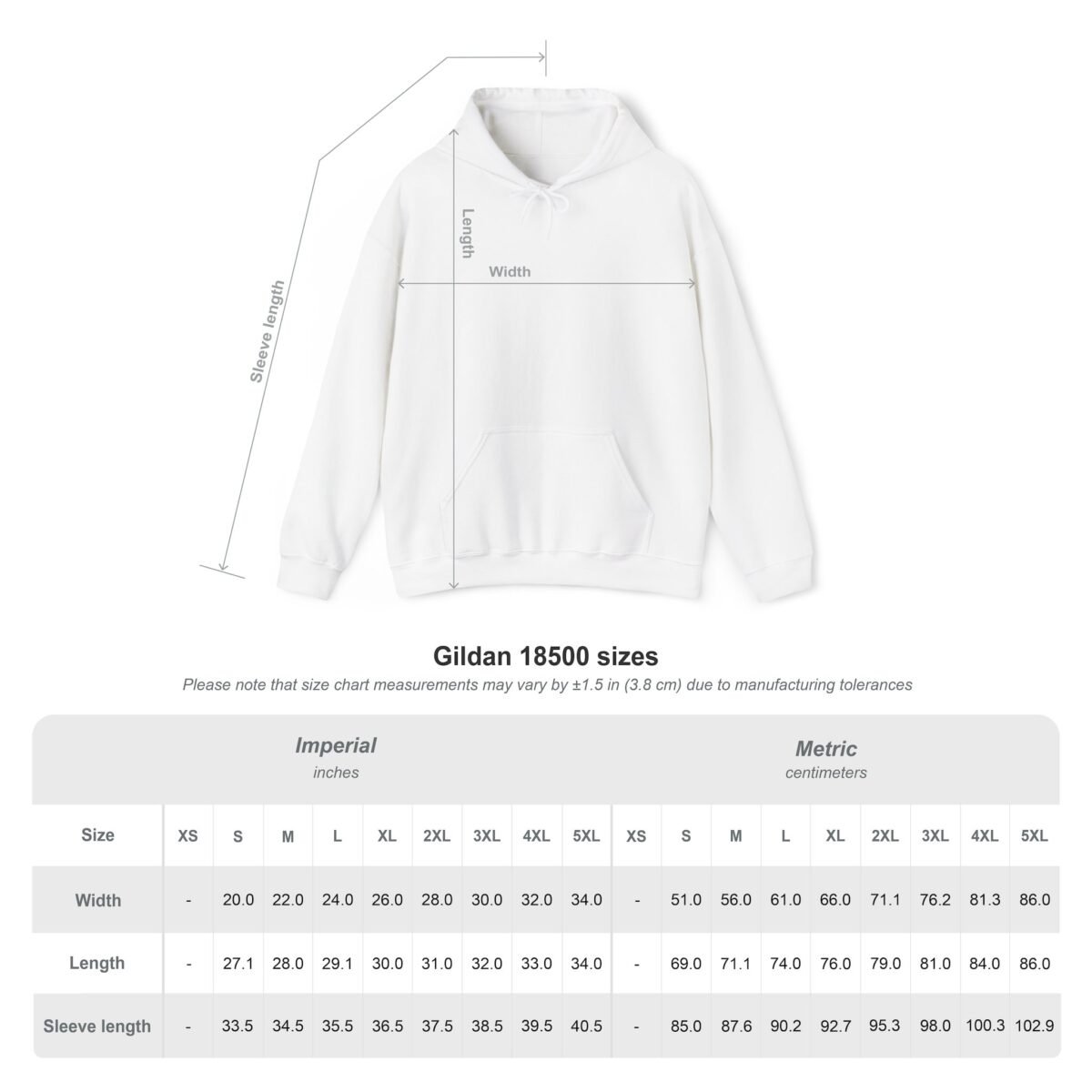 14938419247134524890_2048.jpeg Gildan 18500 hoodie size chart with imperial and metric measurements.