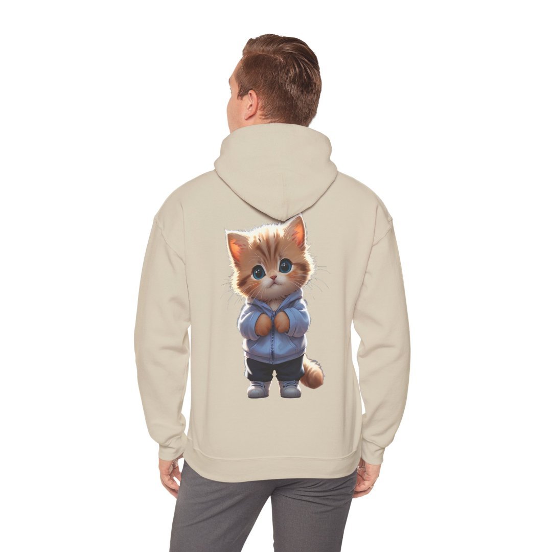 14987118795719837264_2048.jpeg Man wearing a hoodie with a cute kitten illustration on the back.