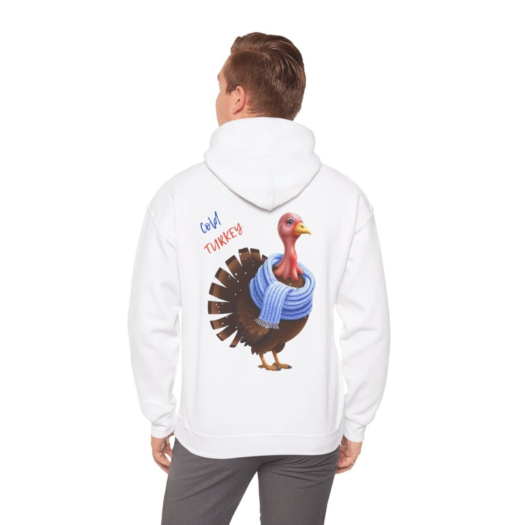 15021173433923435052_2048.jpeg Man wearing a white hoodie with a turkey illustration on the back.