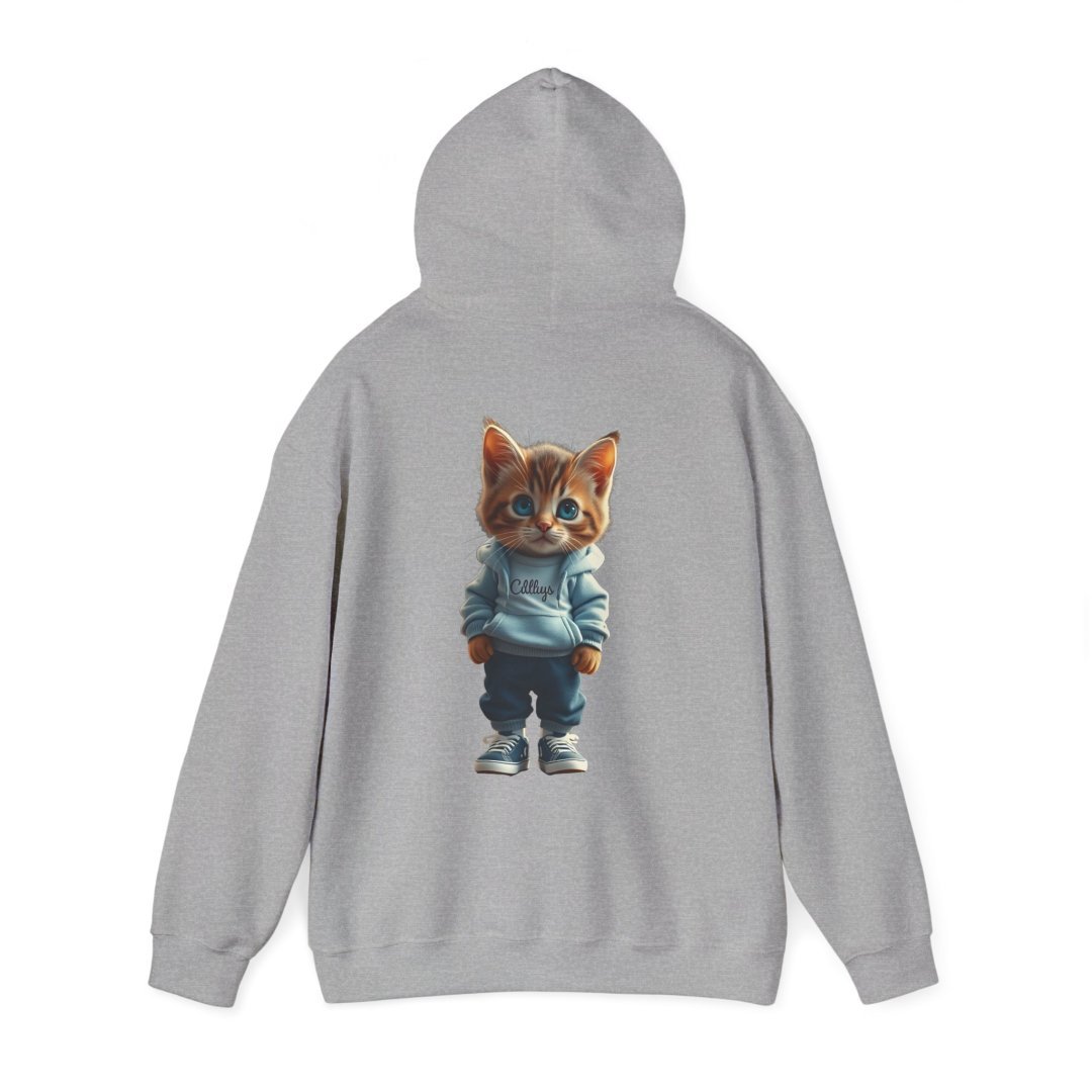 15074472726220078065_2048.jpeg Gray hoodie with a cute cartoon cat in a hoodie and sneakers.