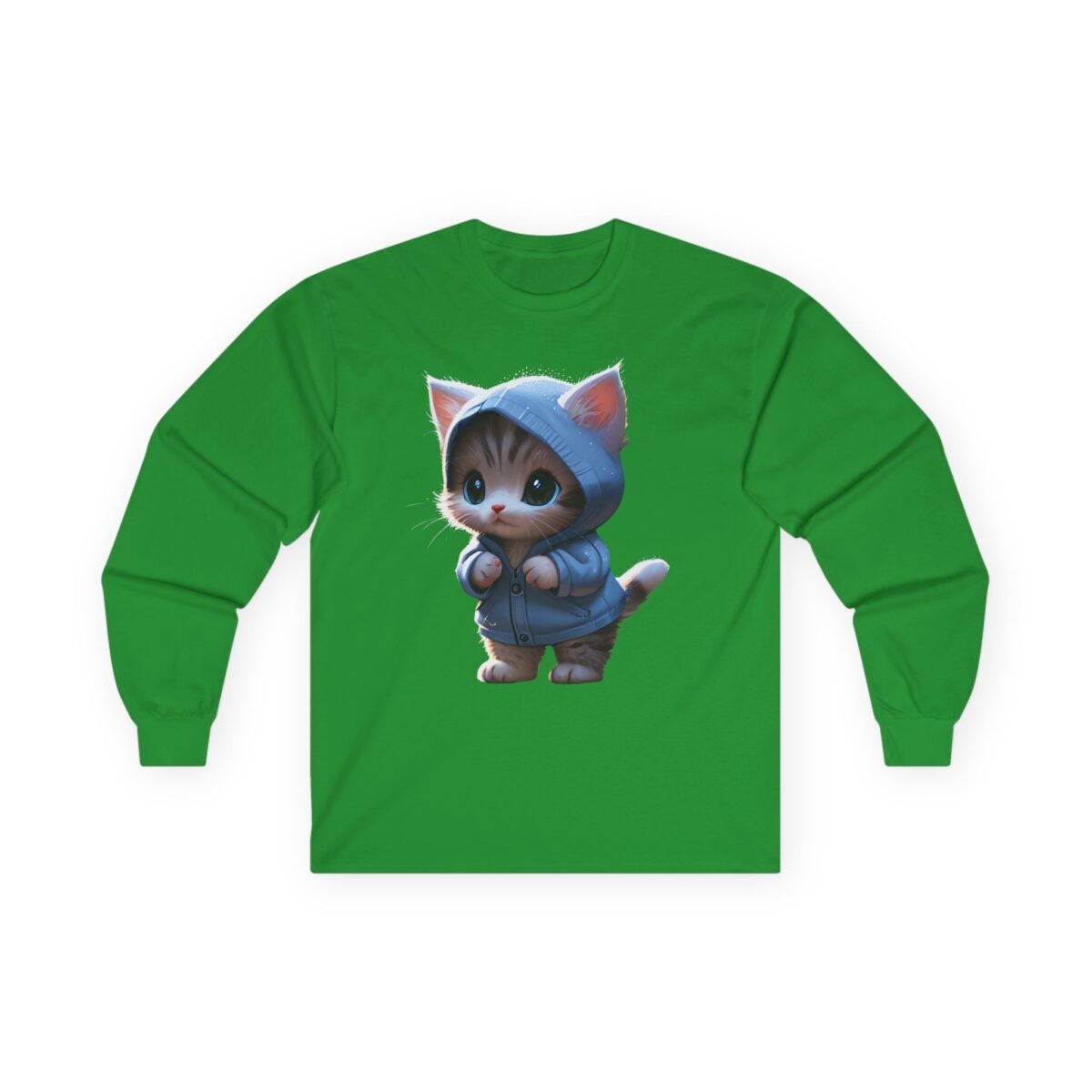 15097513598496729835_2048.jpeg Cute kitten wearing a blue hoodie on a green long-sleeve shirt.