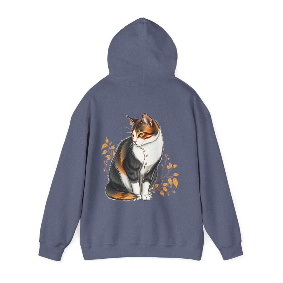 15157407000240978460_2048.jpeg Gray hoodie with a calico cat illustration on the back.