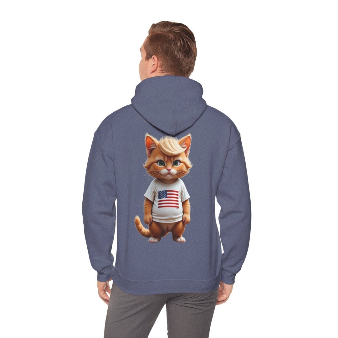 15232290968764893151_2048.jpeg Man wearing a hoodie with a cartoon cat in a US flag shirt on the back.