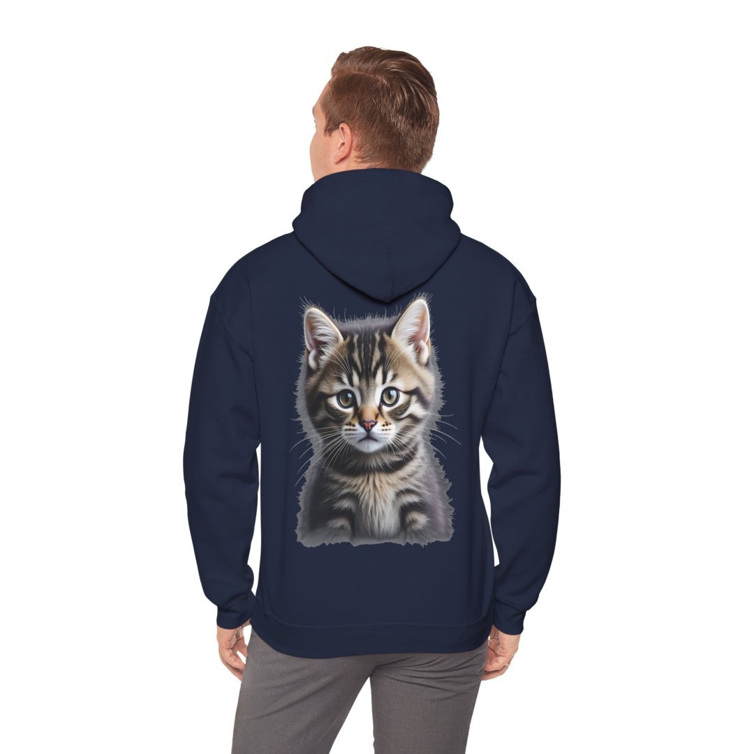 15252315930943633674_2048.jpeg Man wearing a navy hoodie with a kitten design on the back.