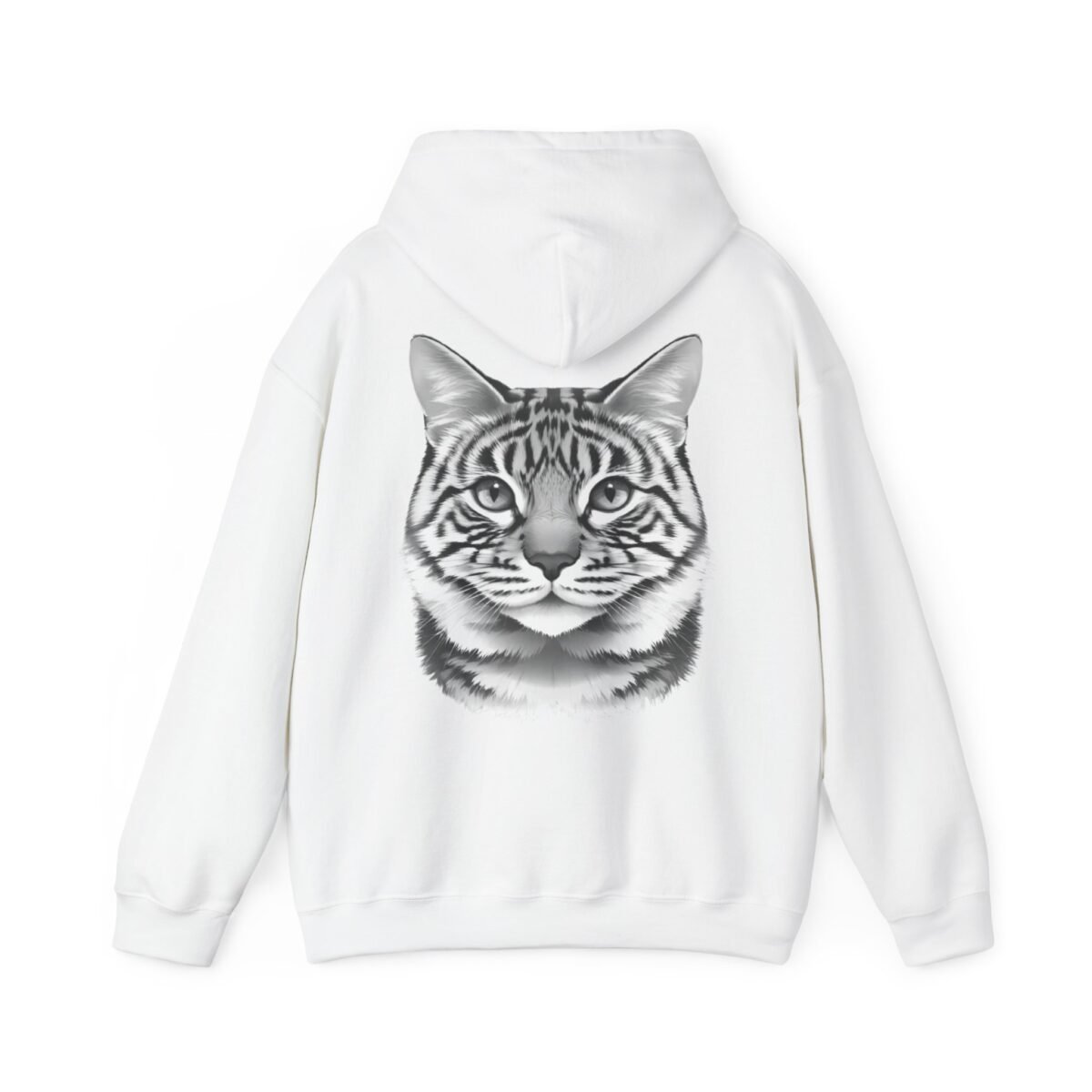 15340108547691916916_2048.jpeg White hoodie with a grayscale striped cat face printed on the back.