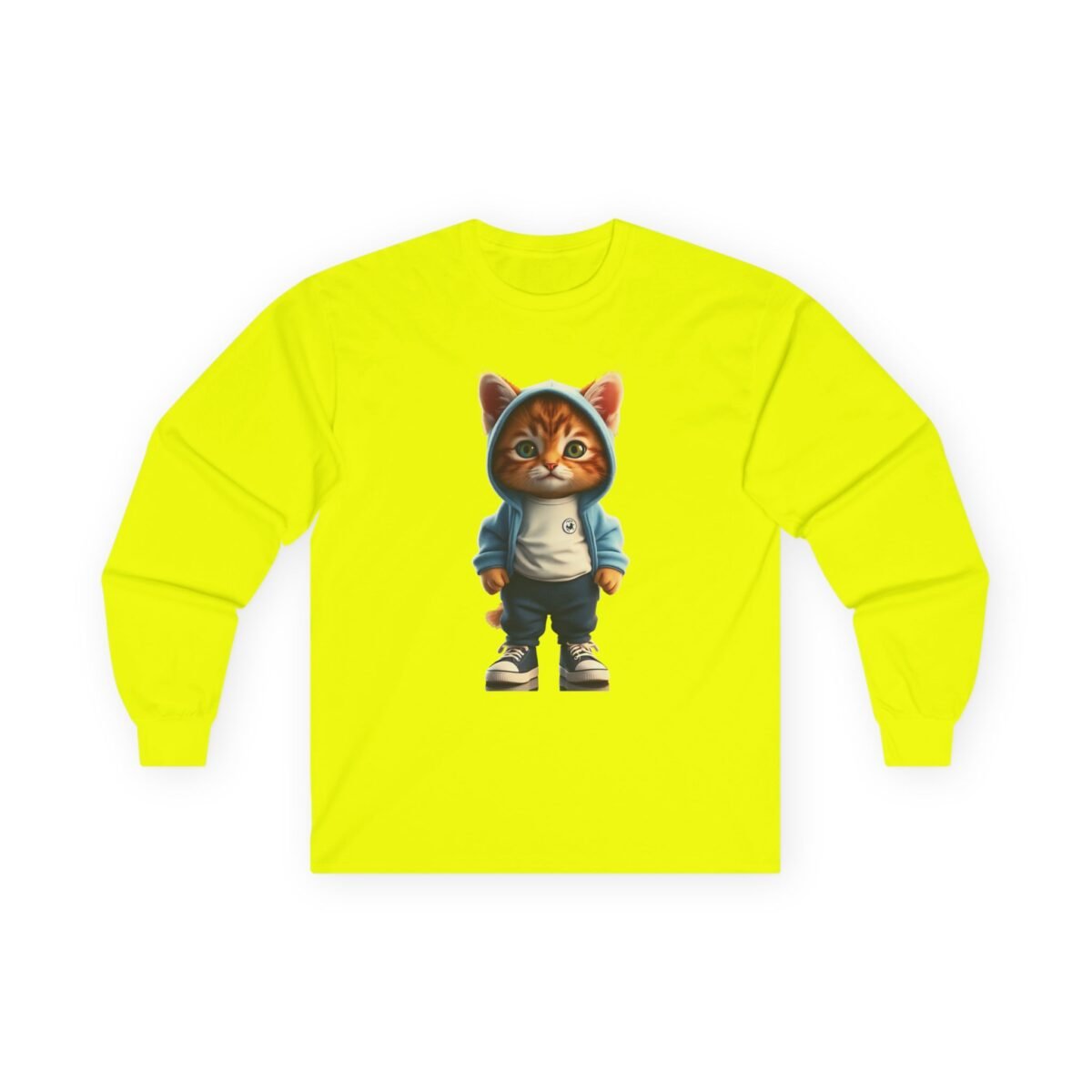 15397121723664490025_2048-1.jpeg Neon yellow long-sleeve shirt with a cartoon cat wearing a blue hoodie, white shirt, jeans, and sneakers.