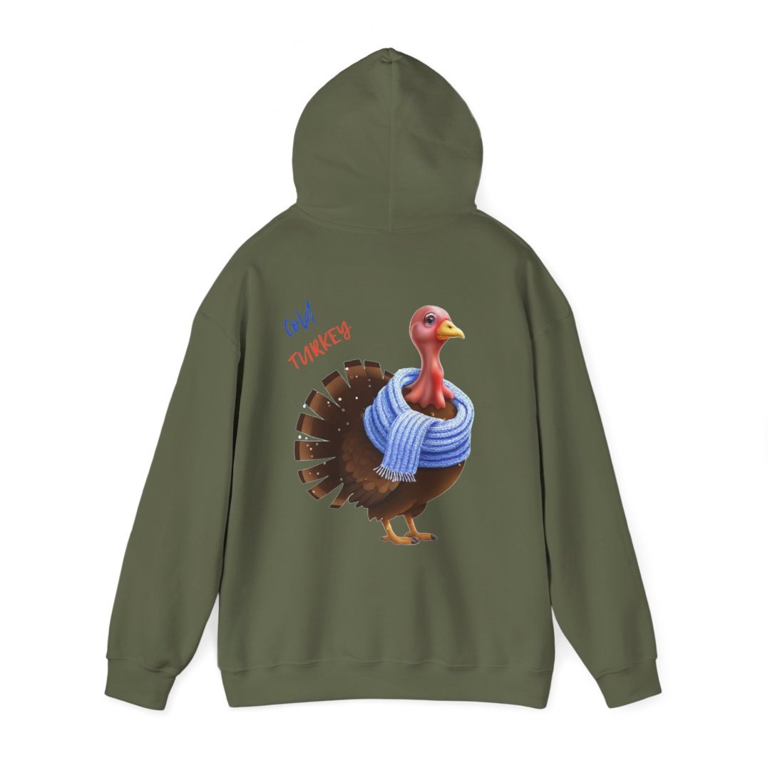 1553898457868583792_2048.jpeg Olive green hoodie with a turkey wearing a blue scarf on the back.