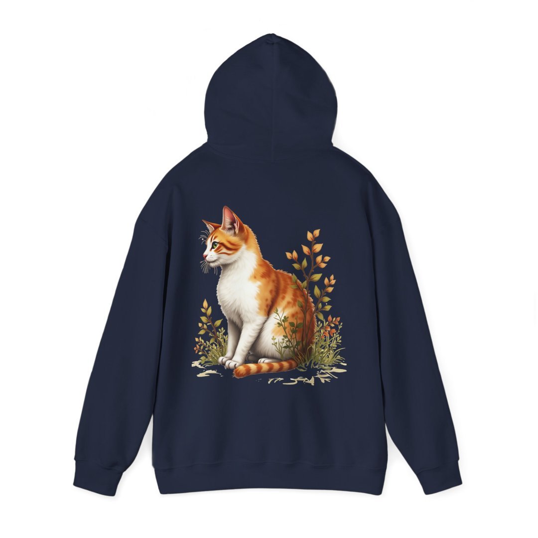 1558893634256325226_2048.jpeg Navy hoodie with a detailed illustration of an orange and white cat sitting among autumn leaves.