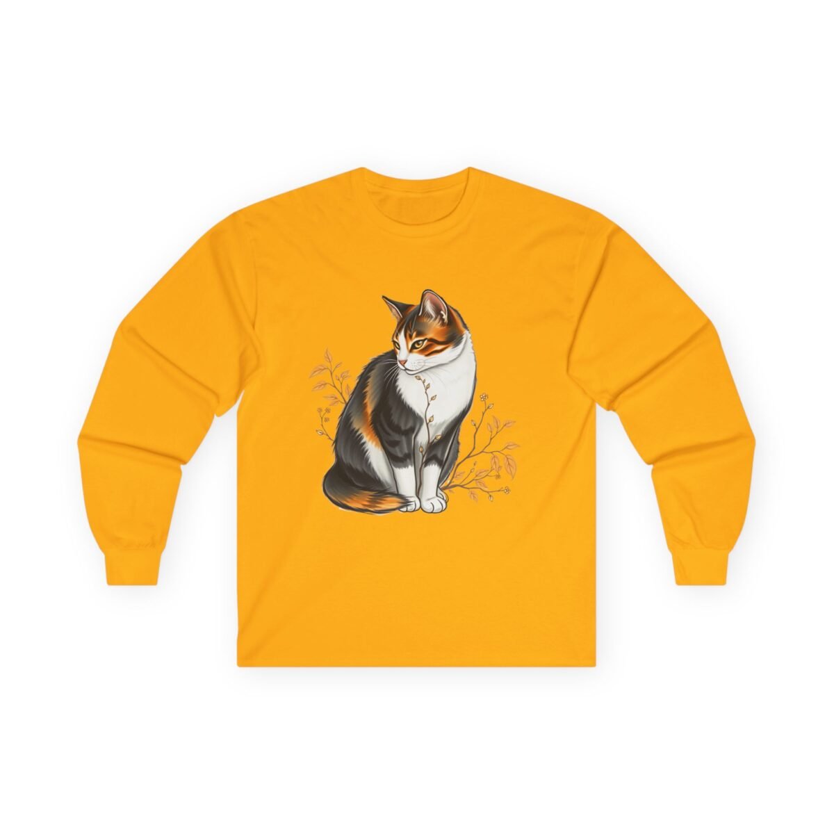 15631990457129933189_2048.jpeg Orange long-sleeve shirt with a calico cat illustration.