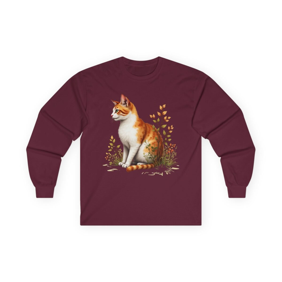 15738013607539365577_2048.jpeg Maroon long-sleeve t-shirt with an orange and white cat sitting among autumn foliage.