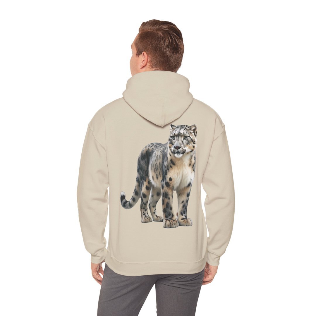 15813836908698735670_2048.jpeg Man wearing a beige hoodie with a snow leopard design on the back.