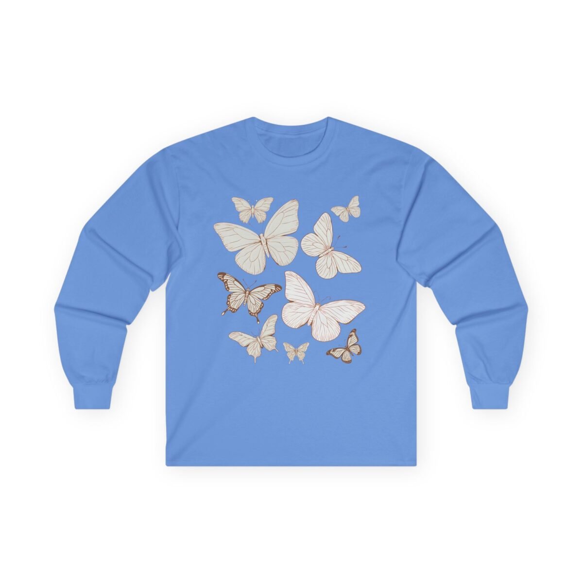 15893808042644357441_2048.jpeg Light blue long-sleeve shirt with scattered beige butterfly designs.