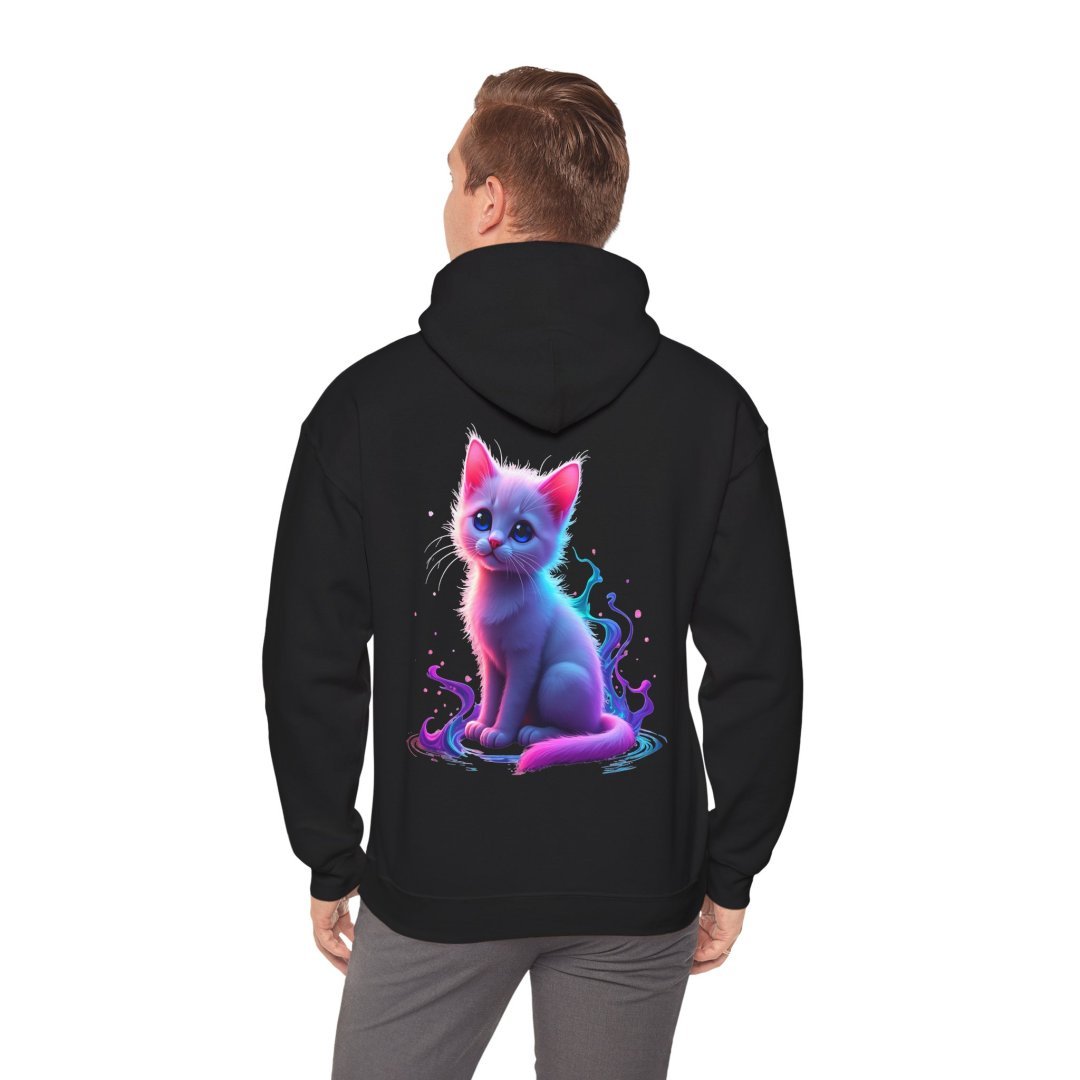 15986886512019496193_2048.jpeg Man wearing a black hoodie with a colorful cat design on the back.