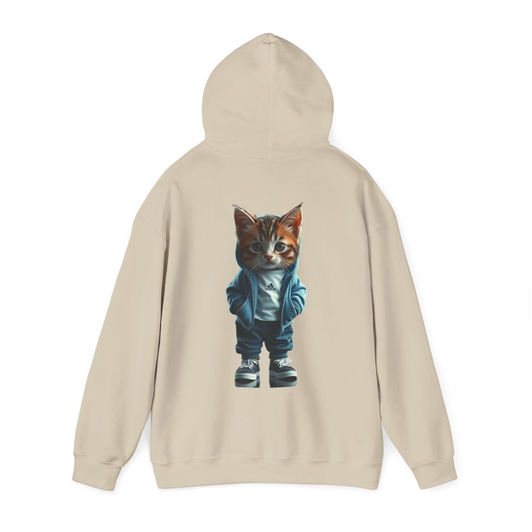 15999491807689505001_2048.jpeg Beige hoodie with a cute cat in a blue jacket and sneakers on the back.