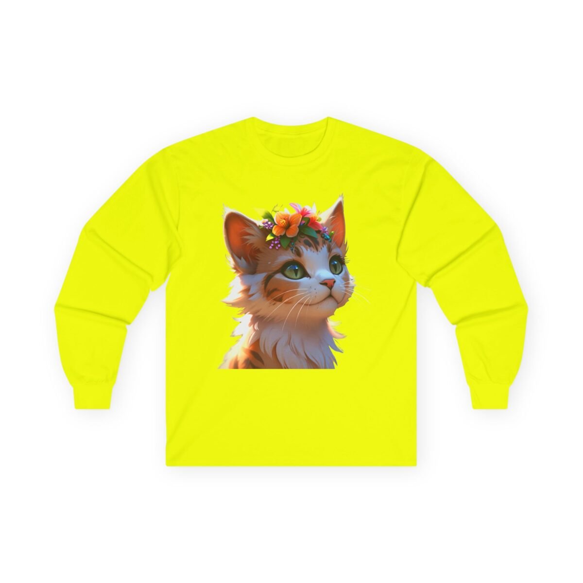 16016623075738177826_2048-1.jpeg Neon yellow long-sleeve t-shirt with a cute orange and white cat wearing a flower crown.