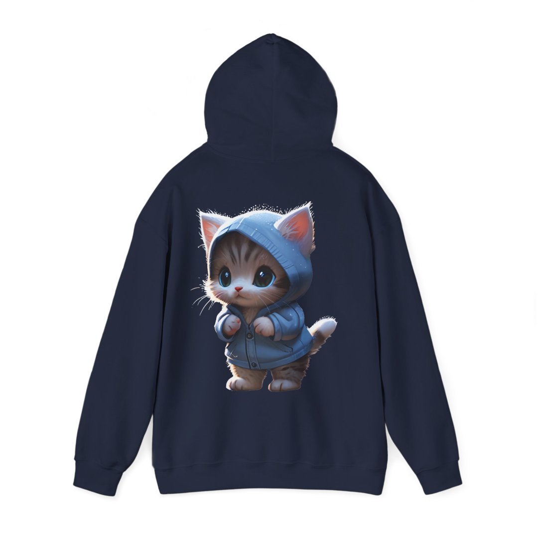 16141019148641441744_2048.jpeg Navy hoodie with cute kitten illustration wearing a hoodie.