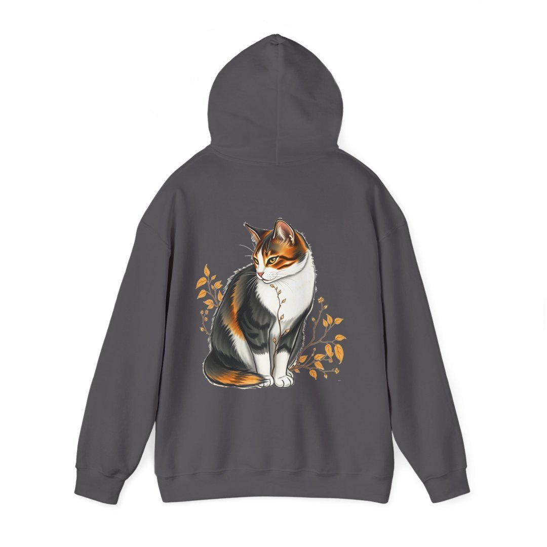 16193952940196752516_2048.jpeg Gray hoodie with a calico cat and autumn leaves design on the back.