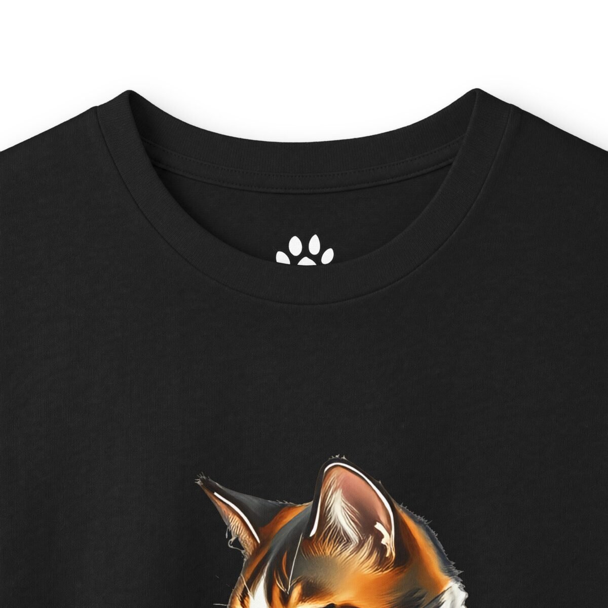 16250297025543753192_2048.jpeg Black t-shirt featuring a colorful cat head and a white paw print logo inside the collar.