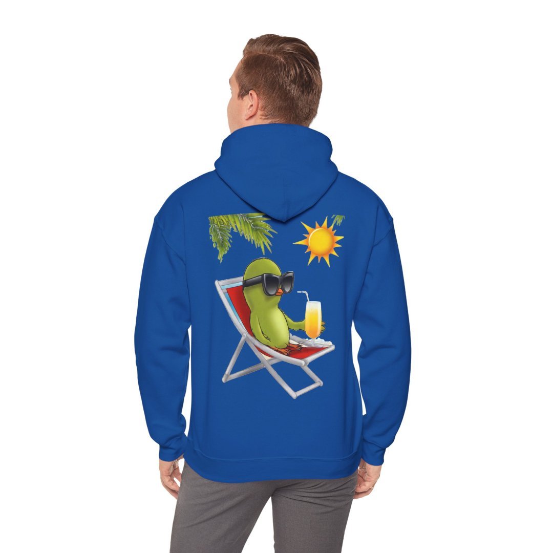 16272122437515218152_2048.jpeg Person wearing a blue hoodie with a cartoon avocado on a beach chair.