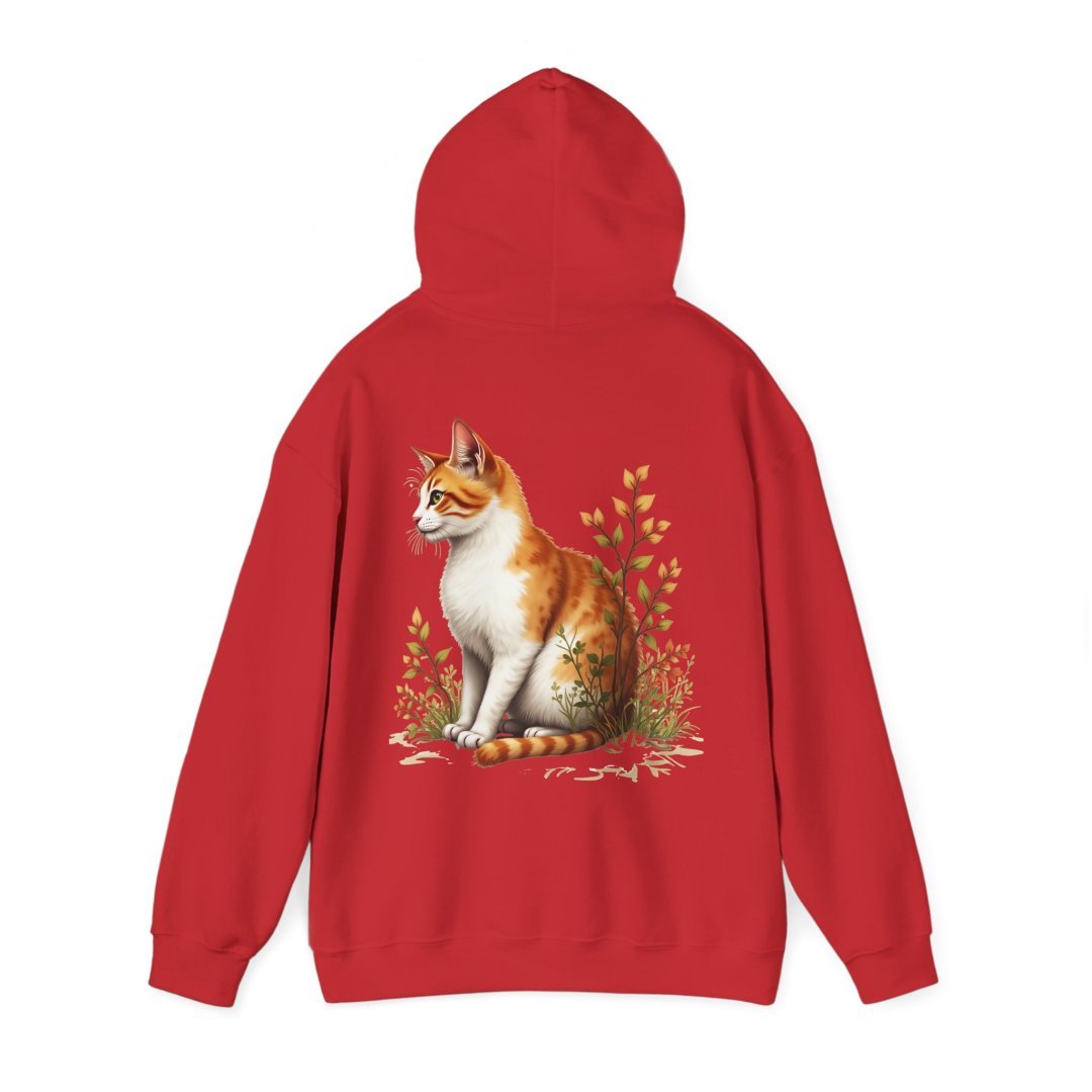16329890891157115468_2048.jpeg Red hoodie with a detailed illustration of a cat sitting among plants.
