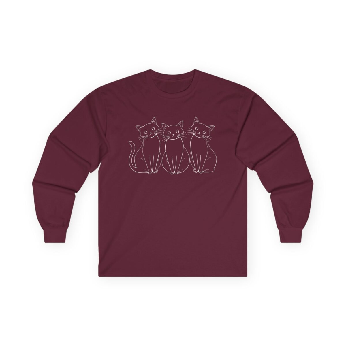16353621506615079161_2048.jpeg Maroon long-sleeve t-shirt featuring three white line art cats.