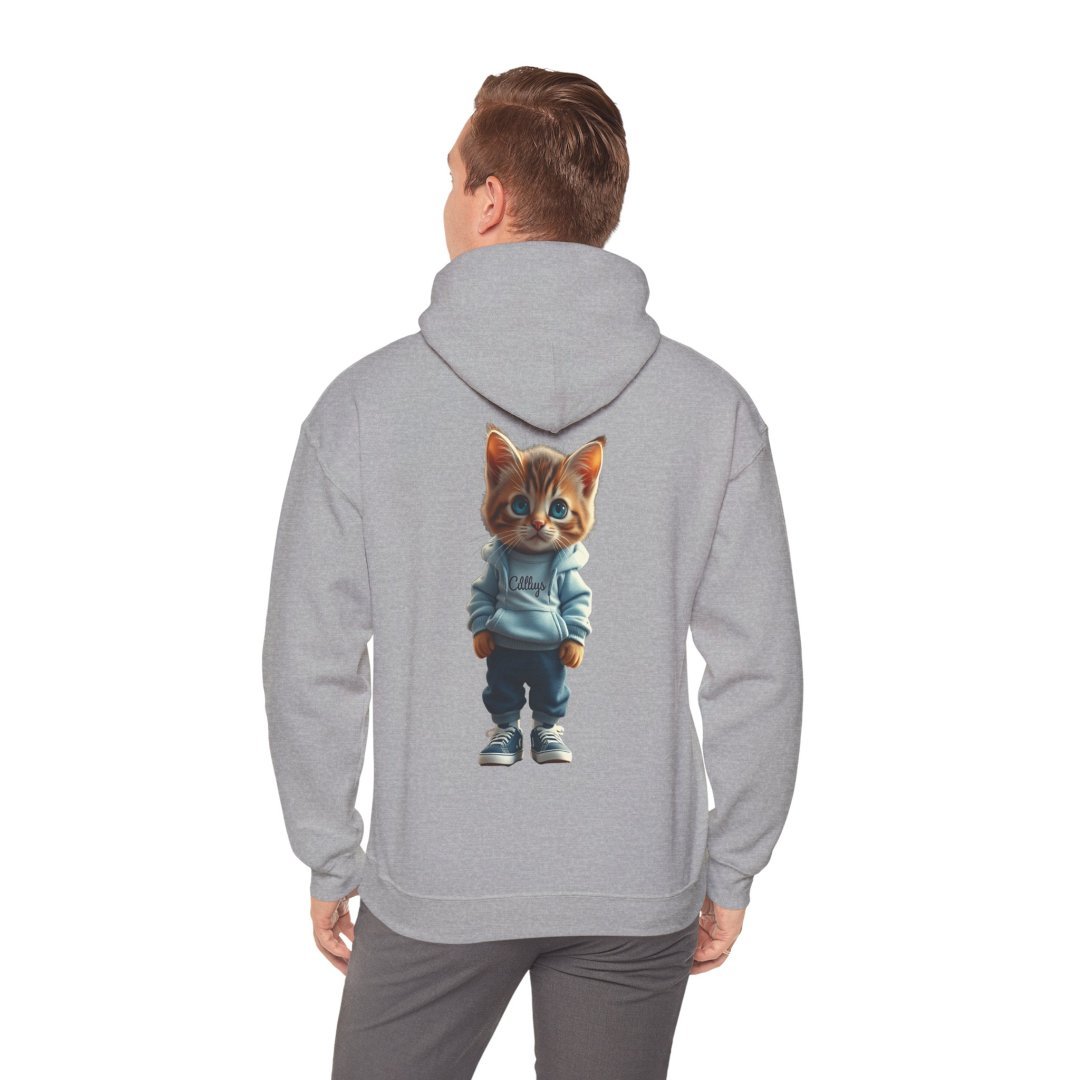16354504158833168991_2048.jpeg Person wearing a gray hoodie with a cartoon cat design on the back.
