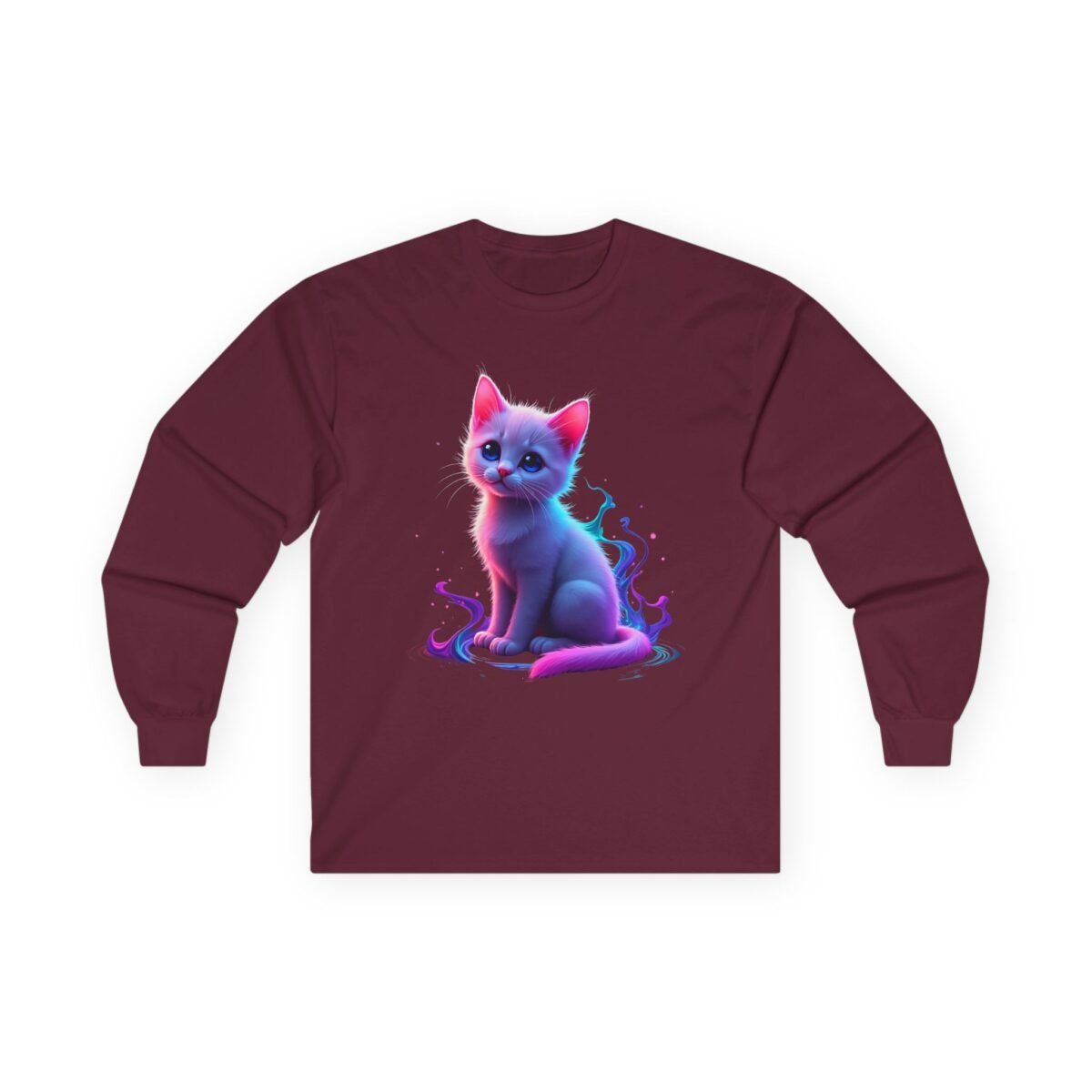 16502446805272853943_2048.jpeg Maroon long-sleeved shirt featuring a glowing, neon pink and blue kitten.