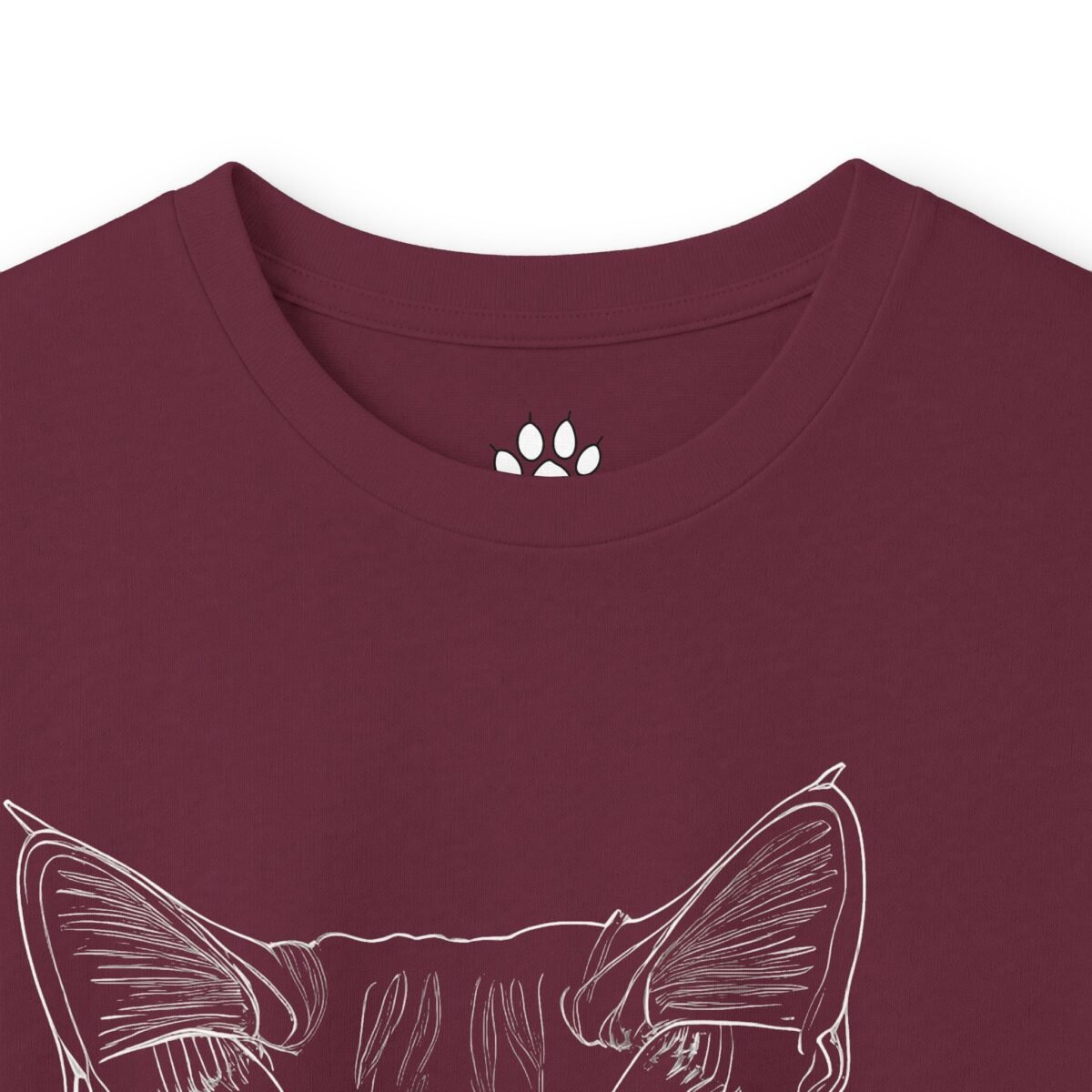 16540414995249103910_2048.jpeg Maroon t-shirt with a white outline drawing of a cat's ears and a paw print inside the collar.