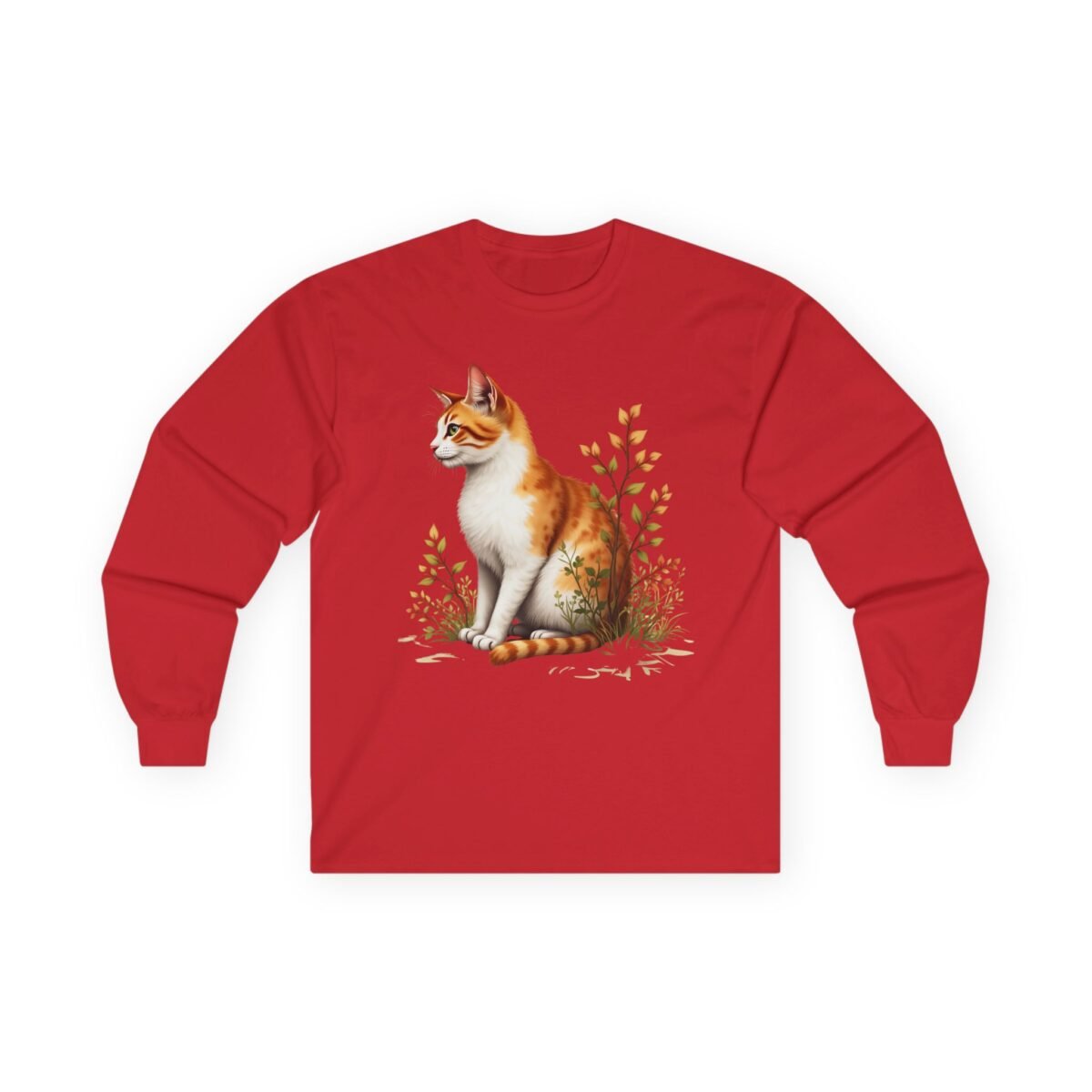 16580363391849659777_2048.jpeg Red long-sleeve shirt with an orange and white cat design surrounded by autumn foliage.