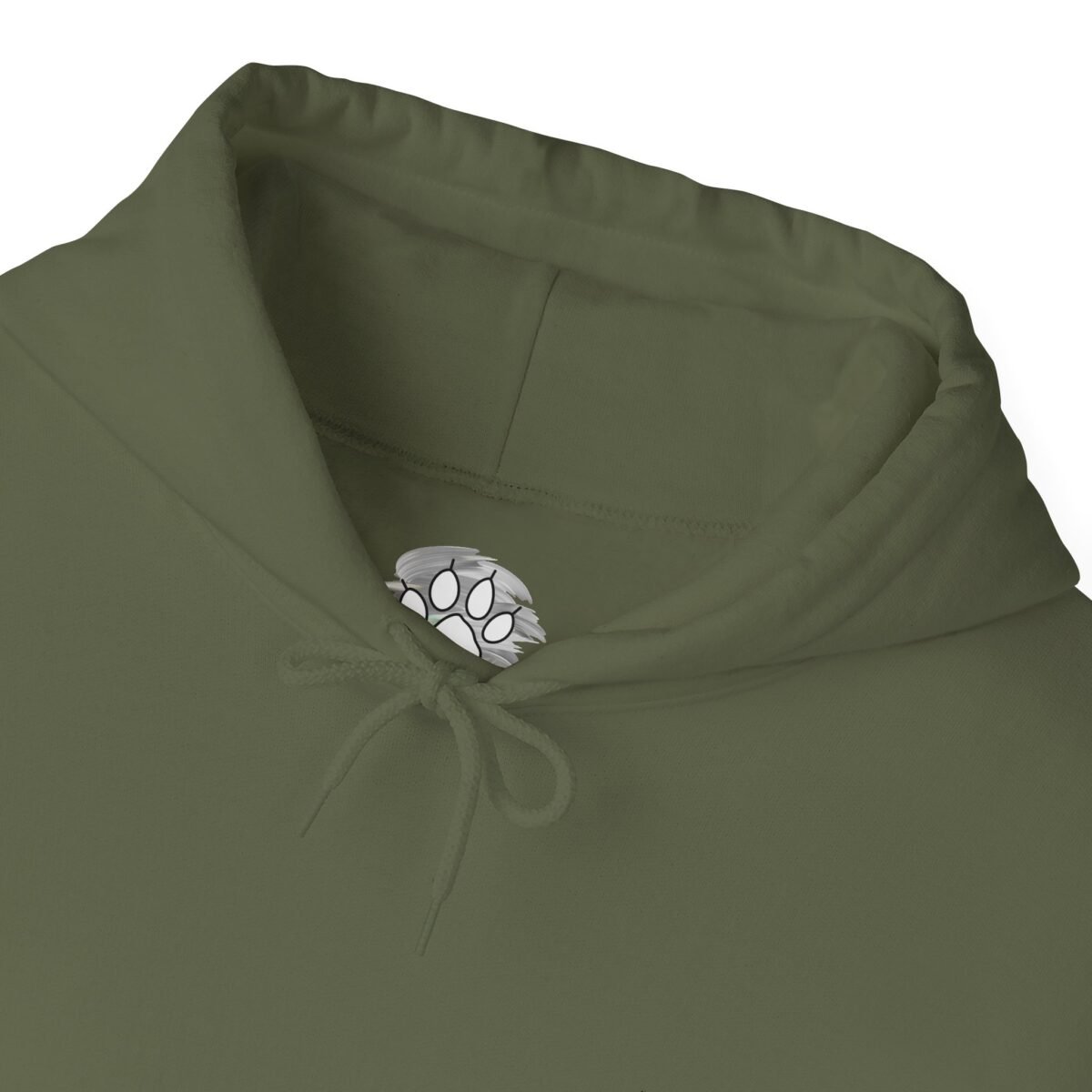 16803792556356912974_2048.jpeg Dark olive green hoodie with a white paw print graphic inside the hood.