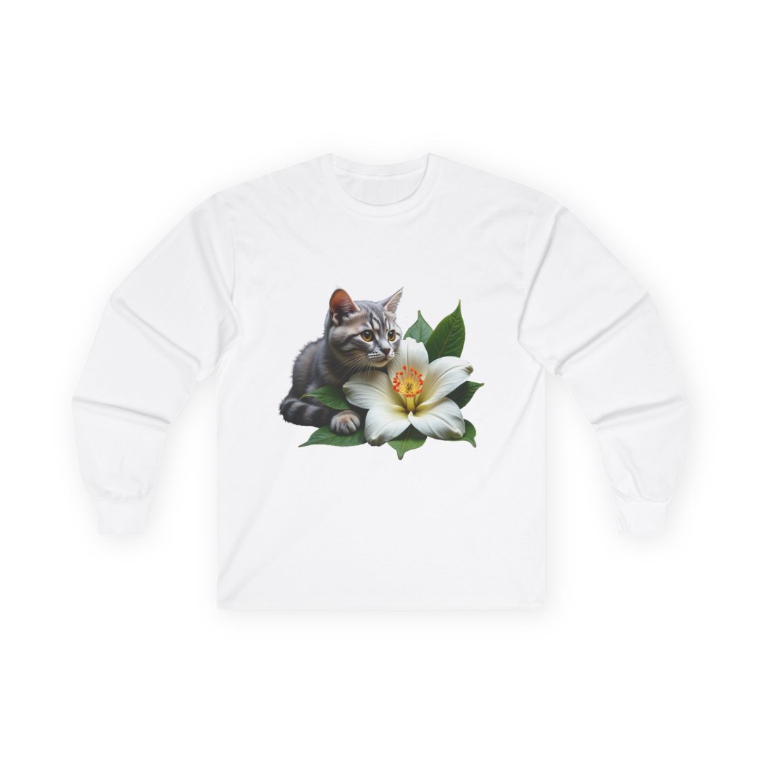 16917420891793833958_2048.jpeg White long-sleeve shirt with a kitten and lily flower design.