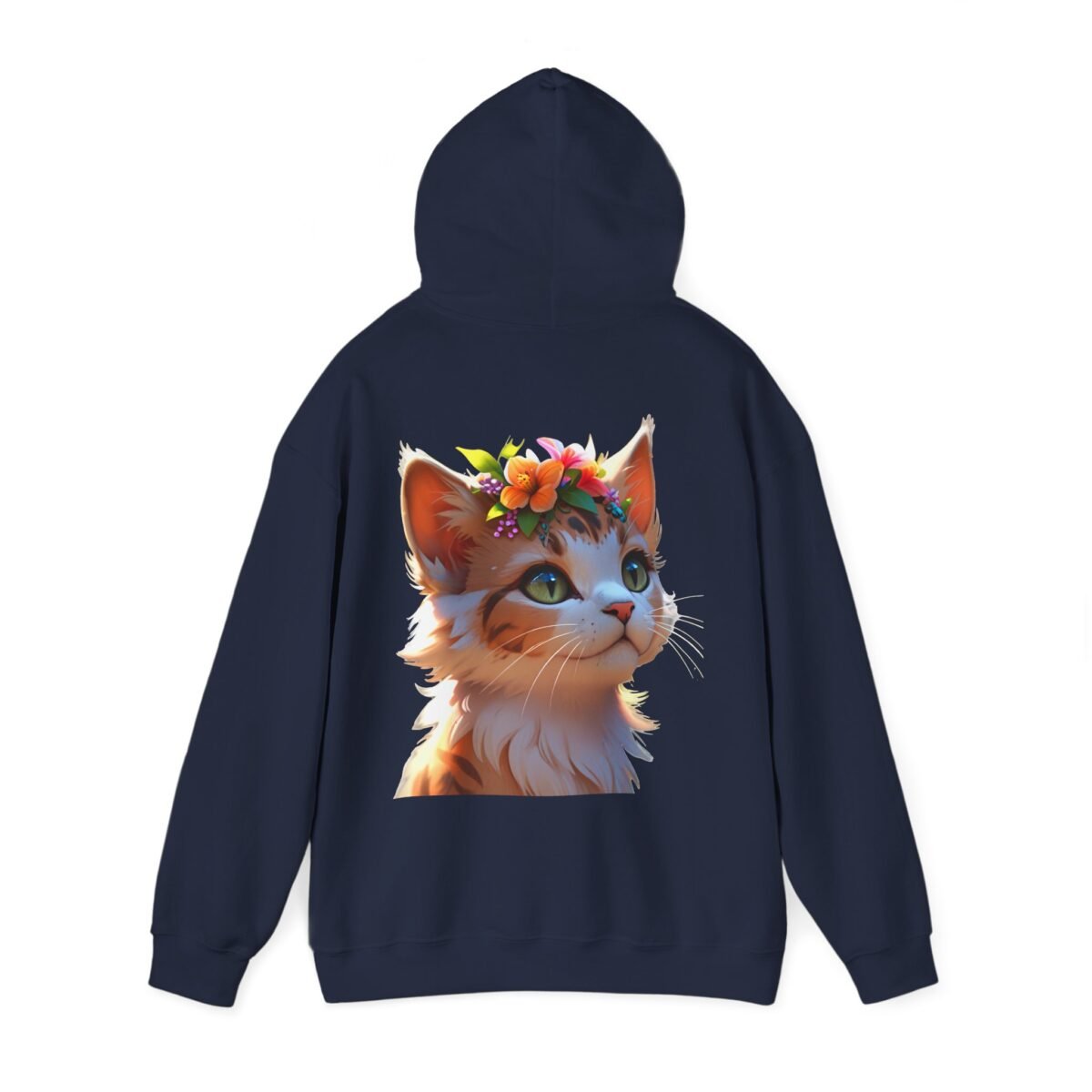 16944184502745533216_2048.jpeg Dark blue hoodie with an animated ginger cat wearing a flower crown on the back.