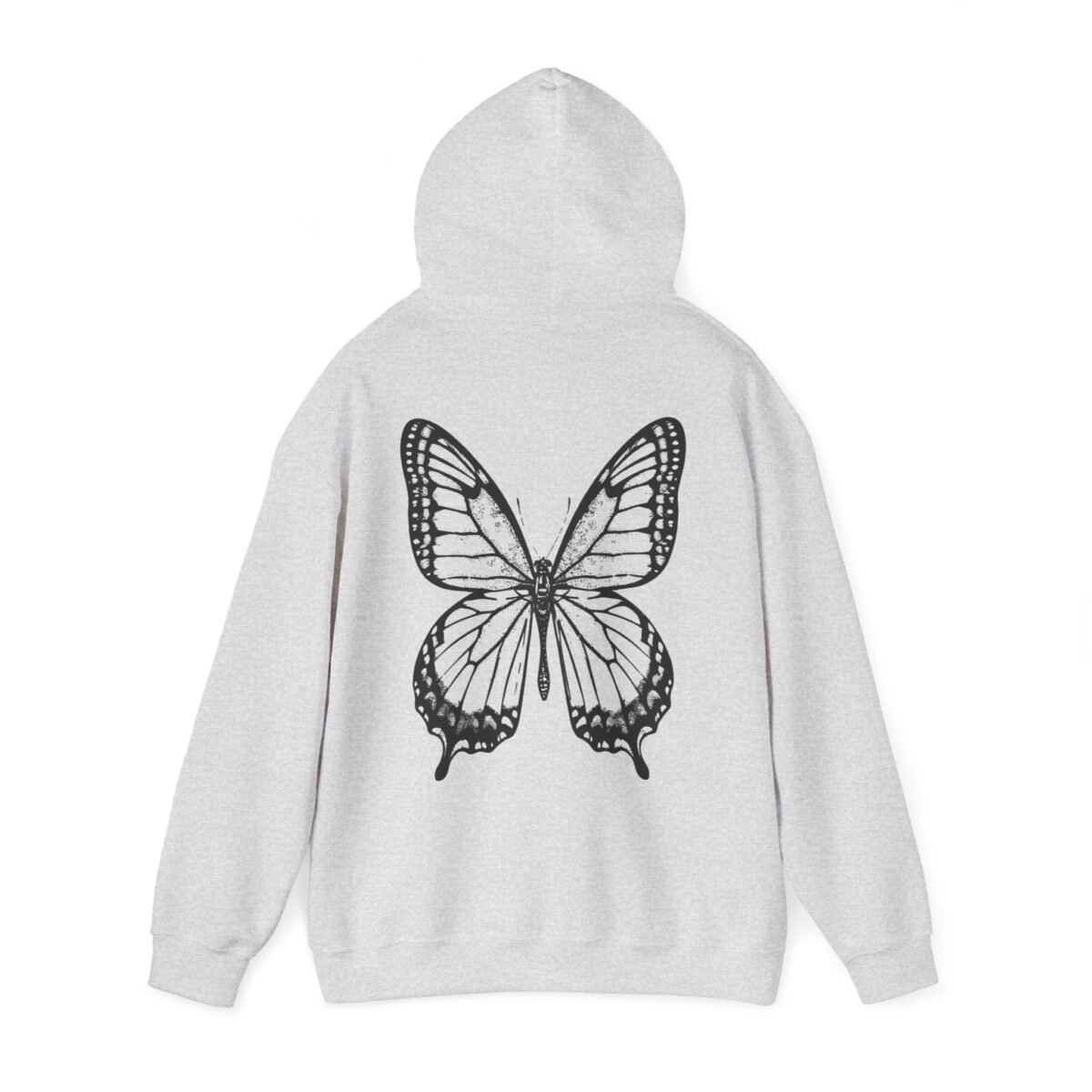 16965319170658773714_2048.jpeg Back of a light gray hooded sweatshirt featuring a large black and white butterfly graphic.