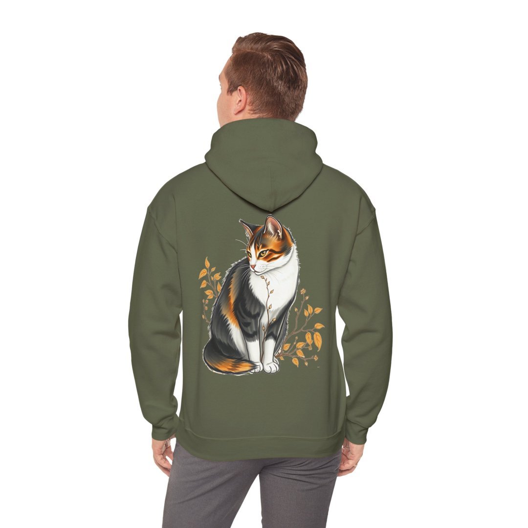 16976548679760083028_2048.jpeg Man wearing an olive green hoodie with a cat illustration on the back.