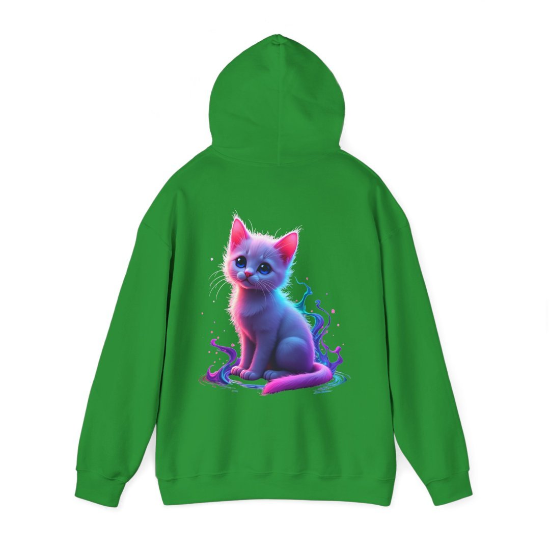 1700385750675758857_2048.jpeg Green hoodie featuring a colorful, whimsical cat illustration on the back.