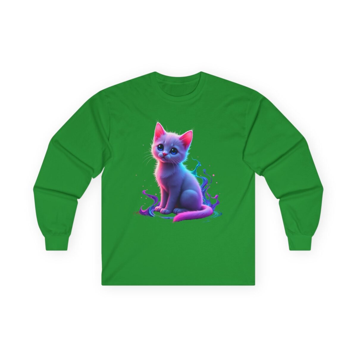 170099993232762323_2048.jpeg Green long-sleeve shirt with a vibrant pink and blue kitten surrounded by swirling colors.