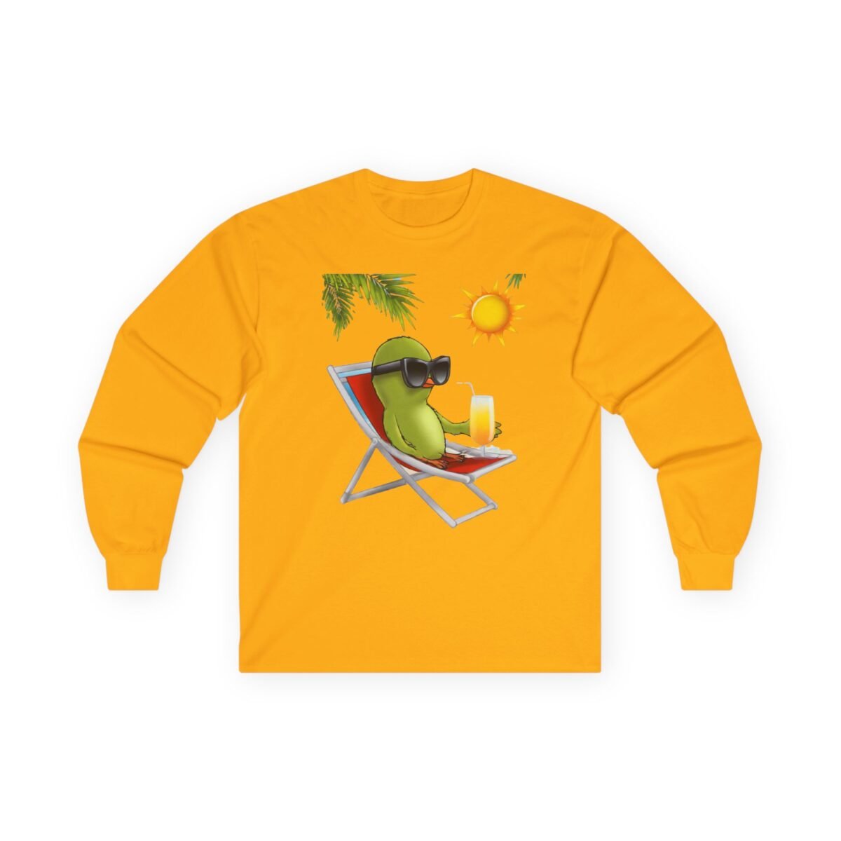 17530106679505236851_2048.jpeg Gold long-sleeve shirt with a cartoon green bird in sunglasses relaxing on a beach chair, holding a drink.