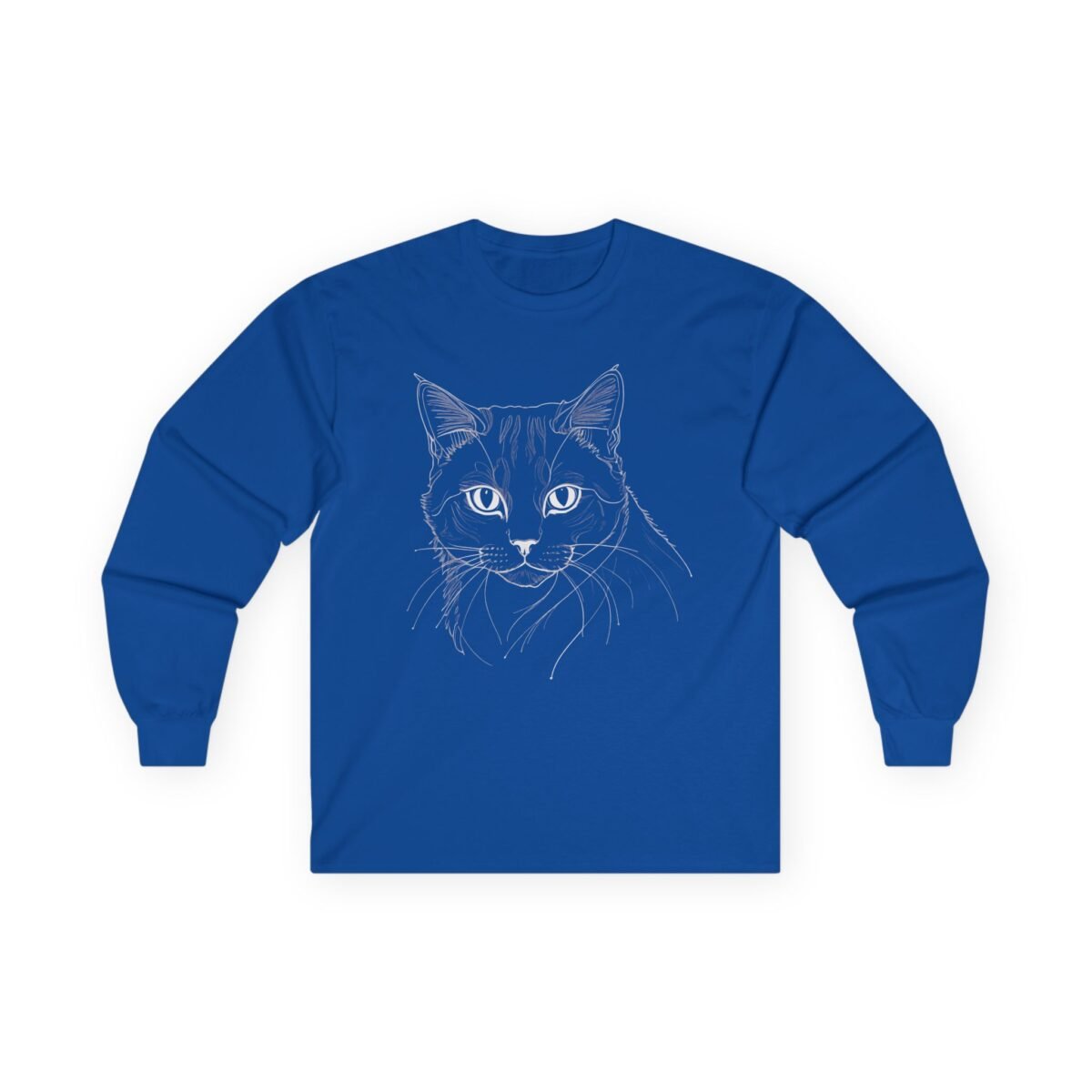 17564310022871633554_2048.jpeg Royal blue long-sleeve shirt with a white line art cat face design.