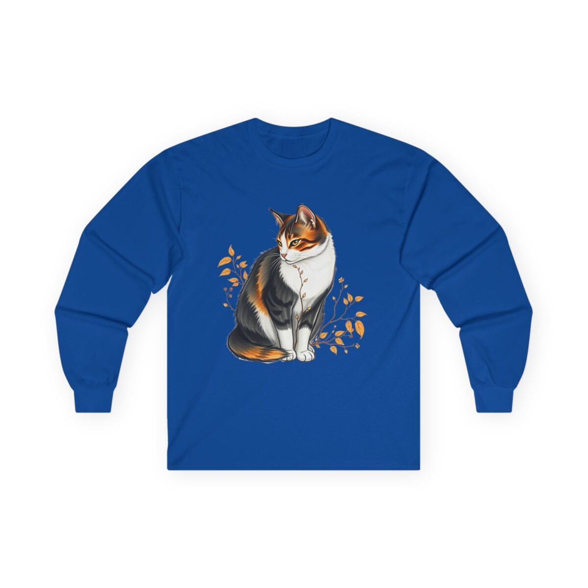 17582580467089435451_2048.jpeg Blue long-sleeve shirt with a calico cat and autumn leaves graphic.