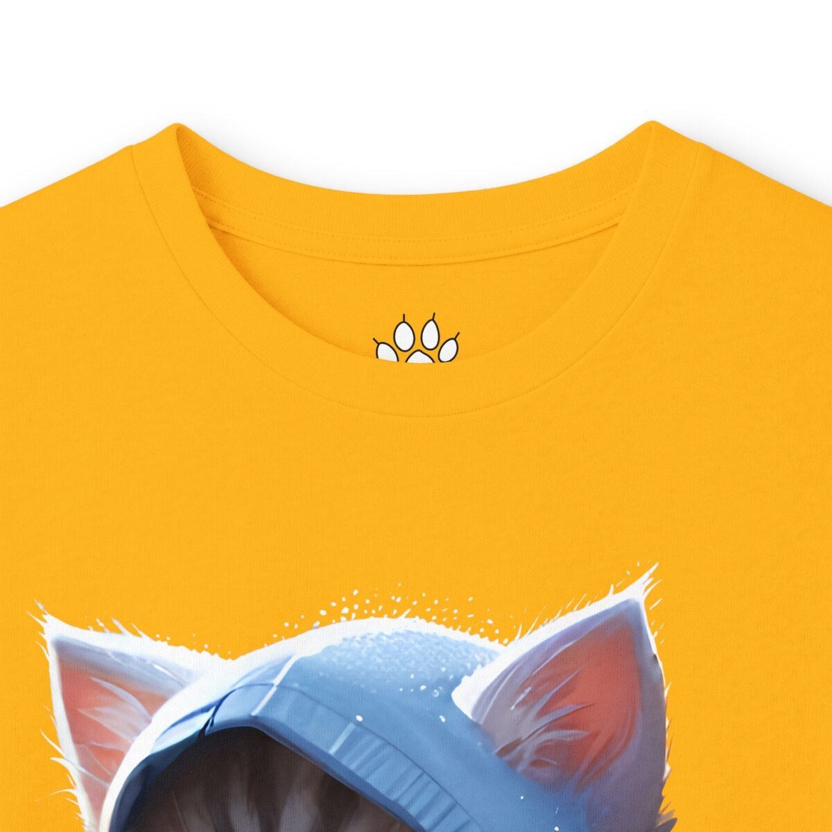 17719592120292822918_2048.jpeg Yellow t-shirt with a cat wearing a blue hoodie and a paw print logo on the inner collar.