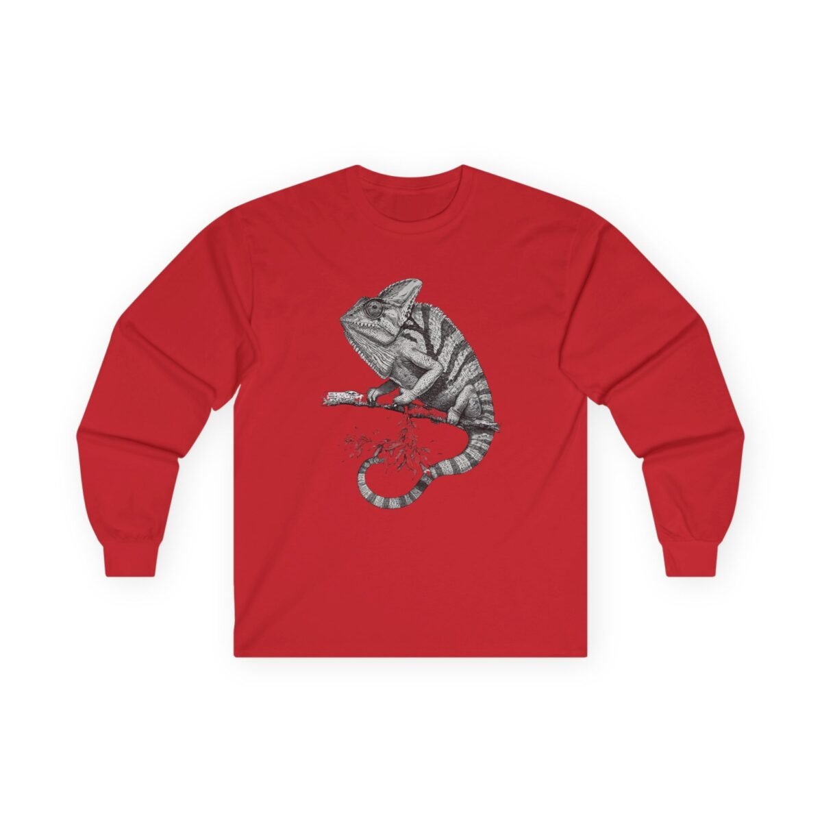 17940587021780866768_2048.jpeg Red long-sleeve shirt with a black and white chameleon illustration.