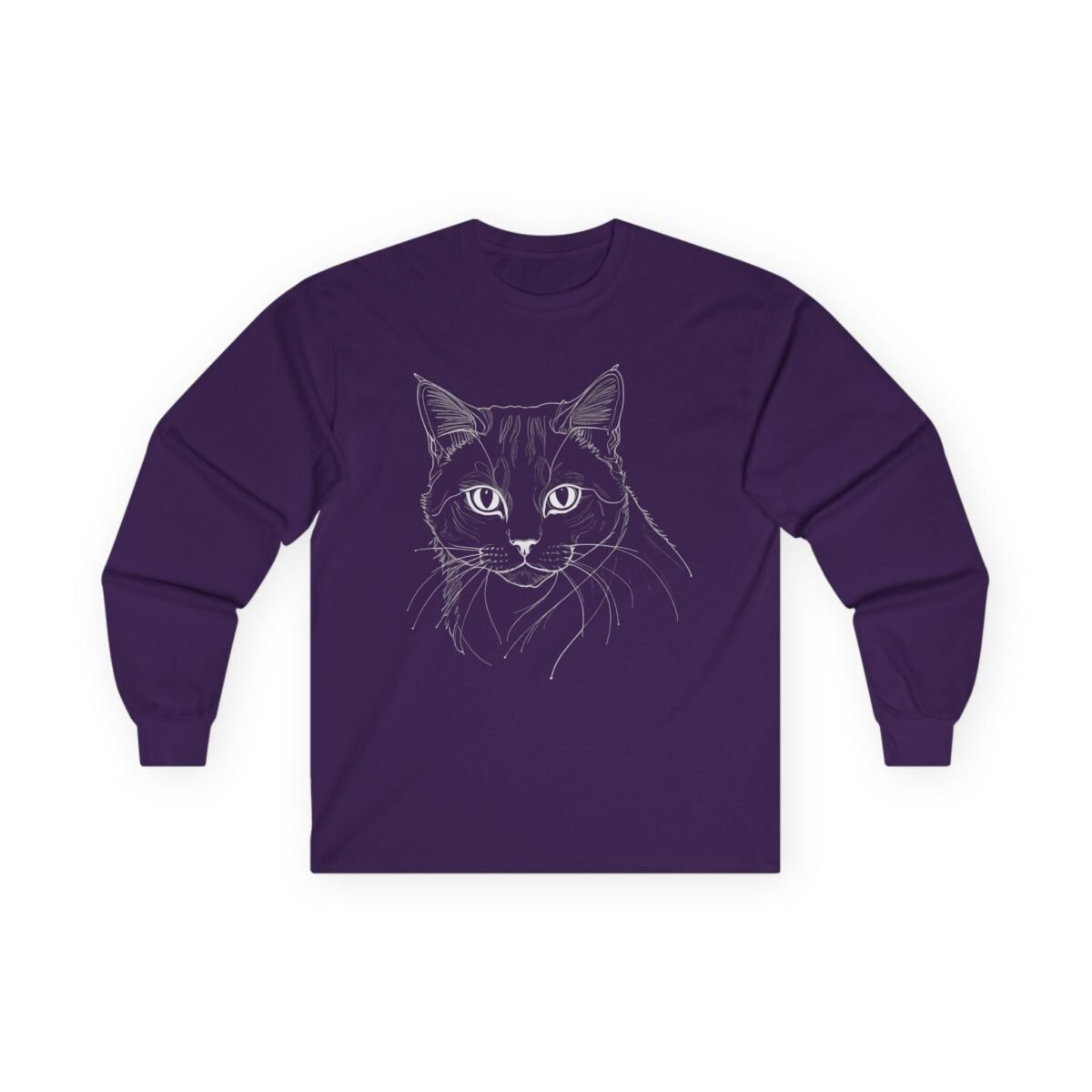 17993189596692493600_2048.jpeg Dark purple long-sleeve shirt with a white line art cat face.
