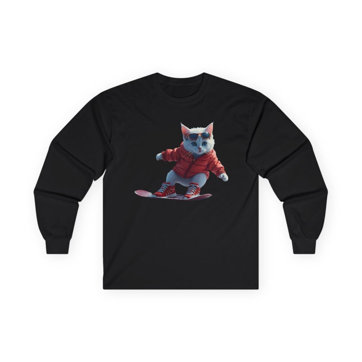 1802211156572762678_2048.jpeg Black long-sleeve shirt with a cat snowboarding in a red jacket and sunglasses.