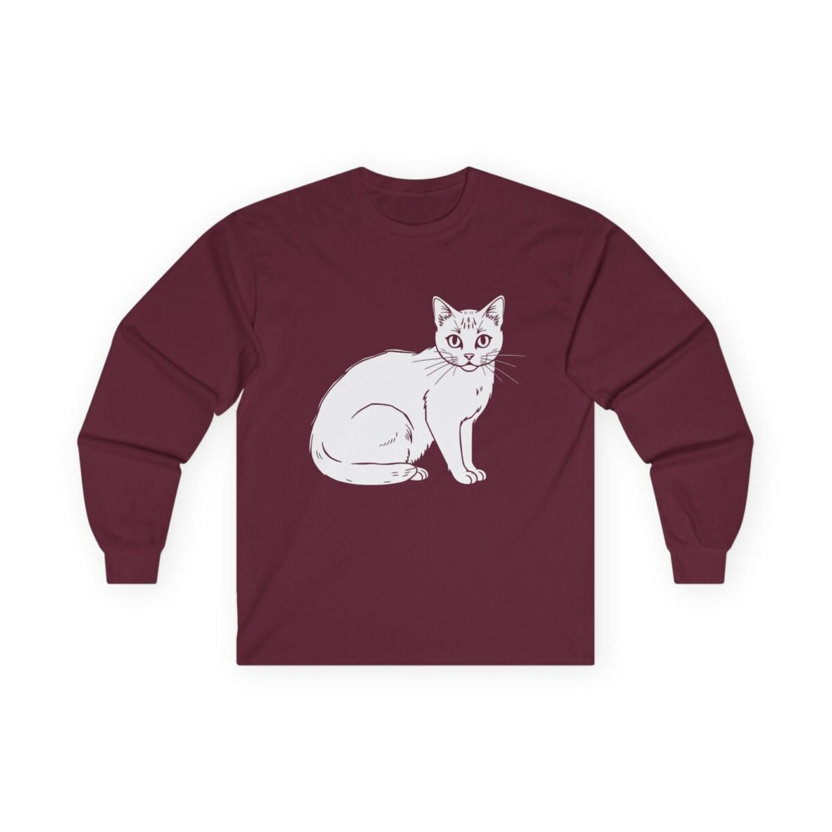 18138231285881499980_2048.jpeg Maroon long-sleeve shirt with a white cat drawing.