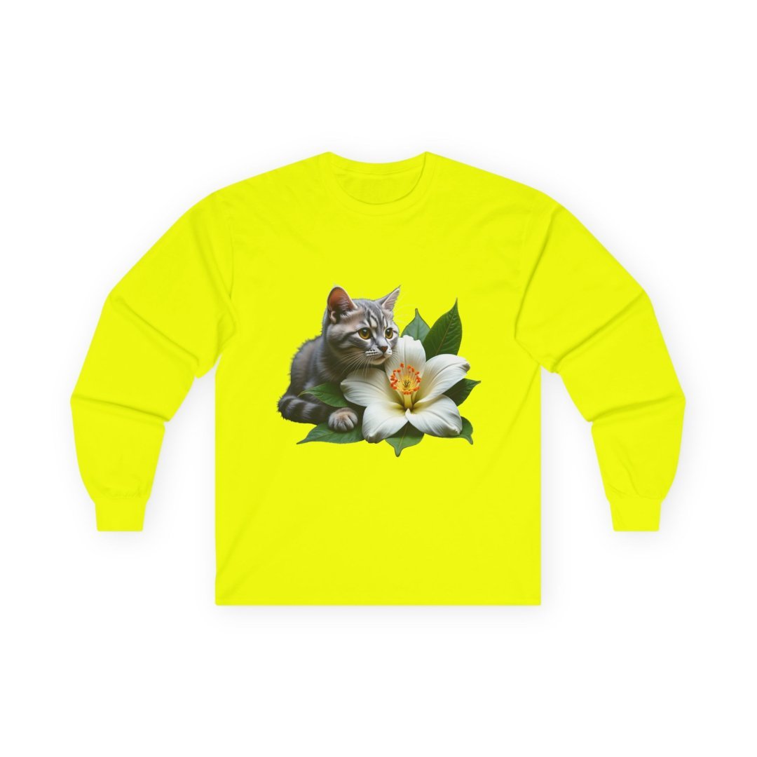 18262406806804414392_2048.jpeg Gray tabby kitten with a white lily on a bright yellow long-sleeve shirt.